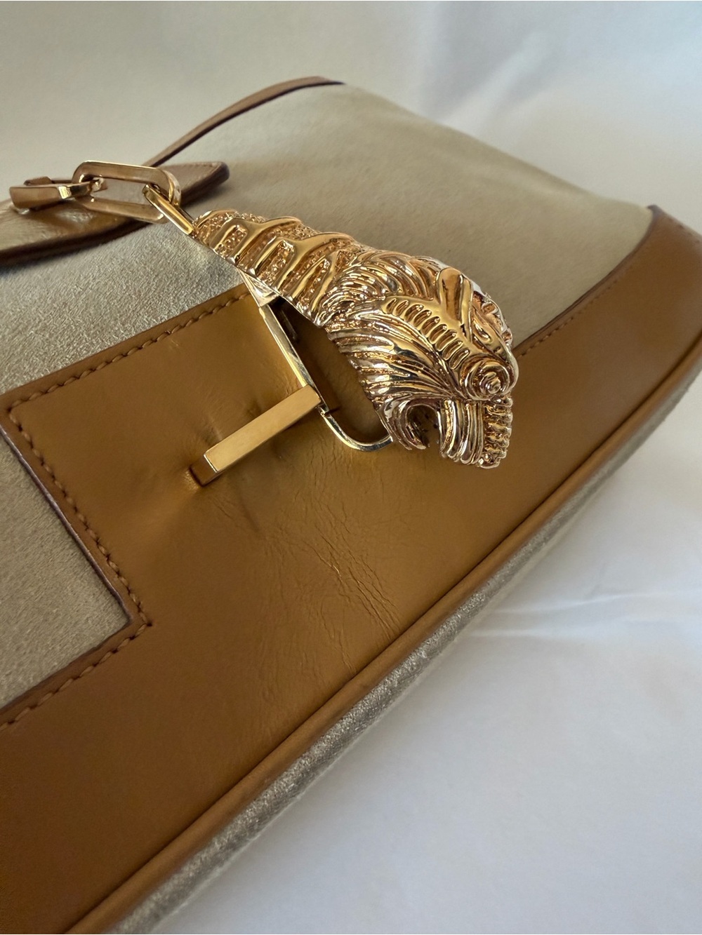 Gucci Vintage Tiger Head Chain Shoulder Bag Beige Suede Tan Leather Tom Ford Era - Picture 5 of 15